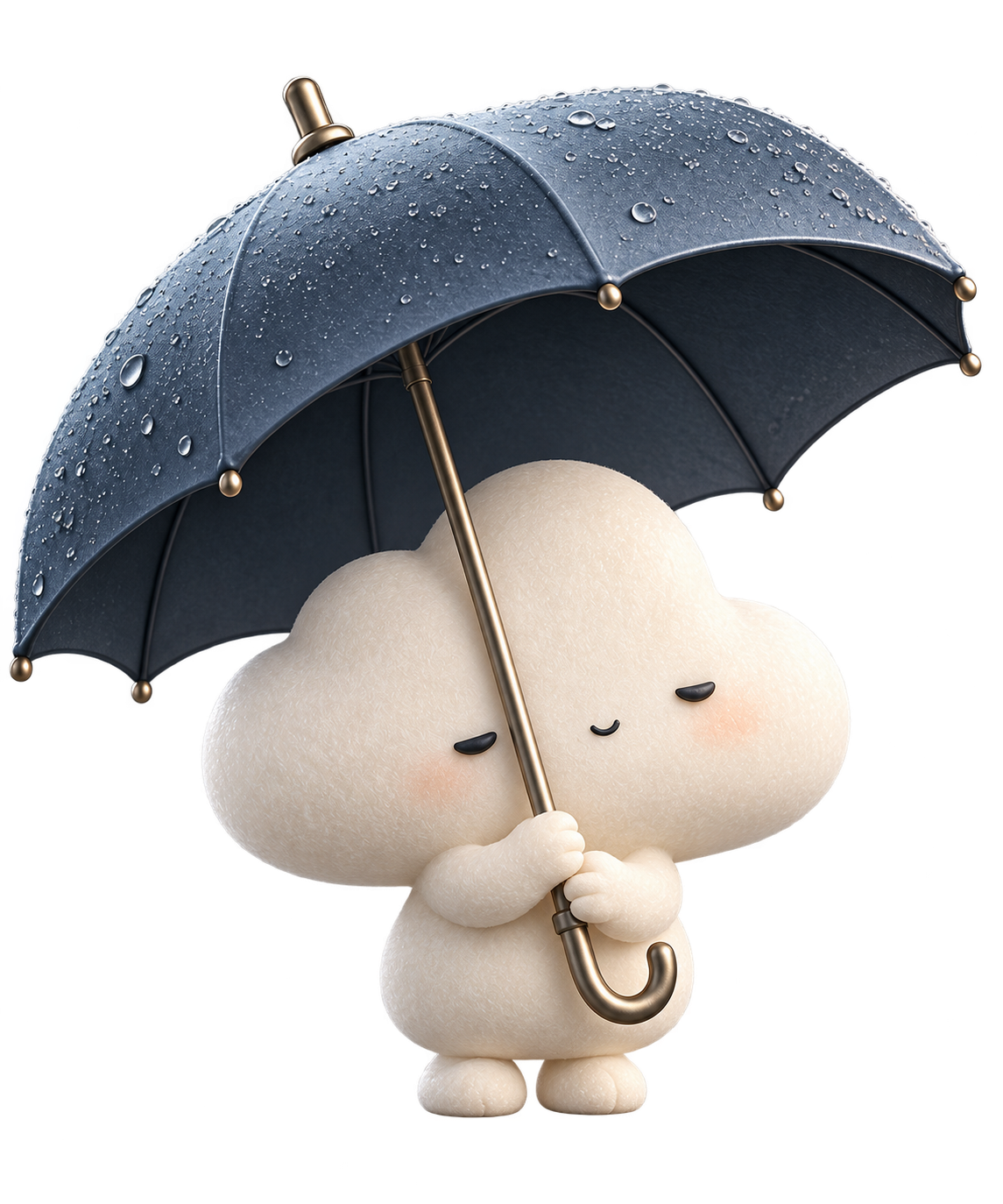 Ella, an ivory cloud with a gentle smile beneath her blue-gray umbrella